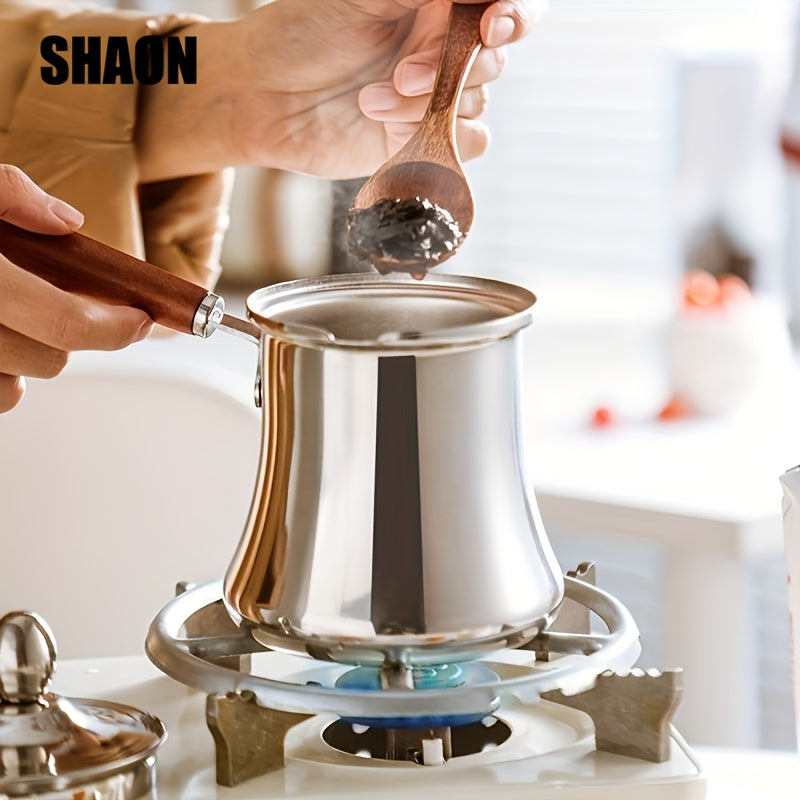 SHAON Stainless Steel Cooking Pot with Spill-Proof Wooden Handle and Lid