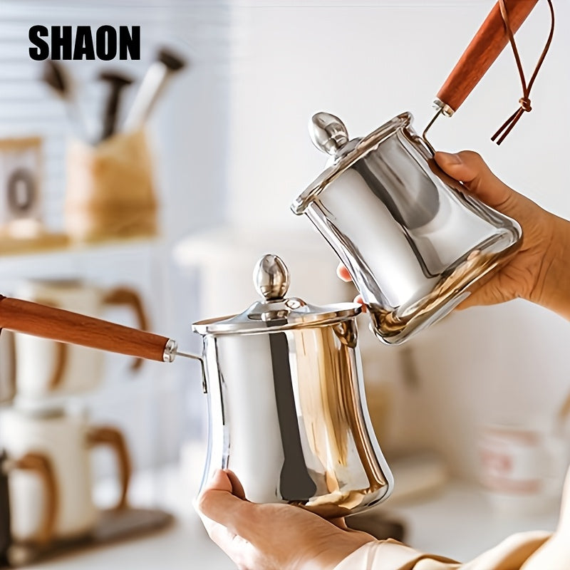 SHAON Stainless Steel Cooking Pot with Spill-Proof Wooden Handle and Lid