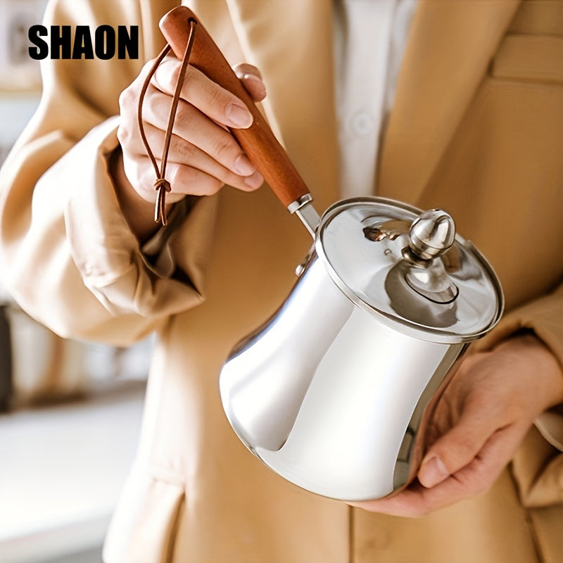 SHAON Stainless Steel Cooking Pot with Spill-Proof Wooden Handle and Lid