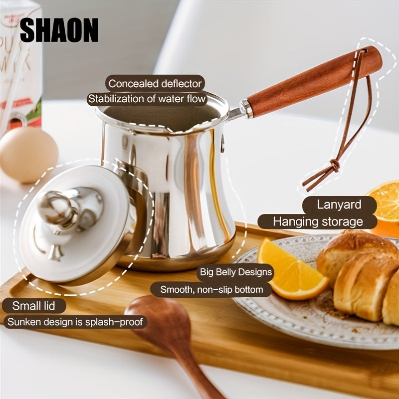 SHAON Stainless Steel Cooking Pot with Spill-Proof Wooden Handle and Lid