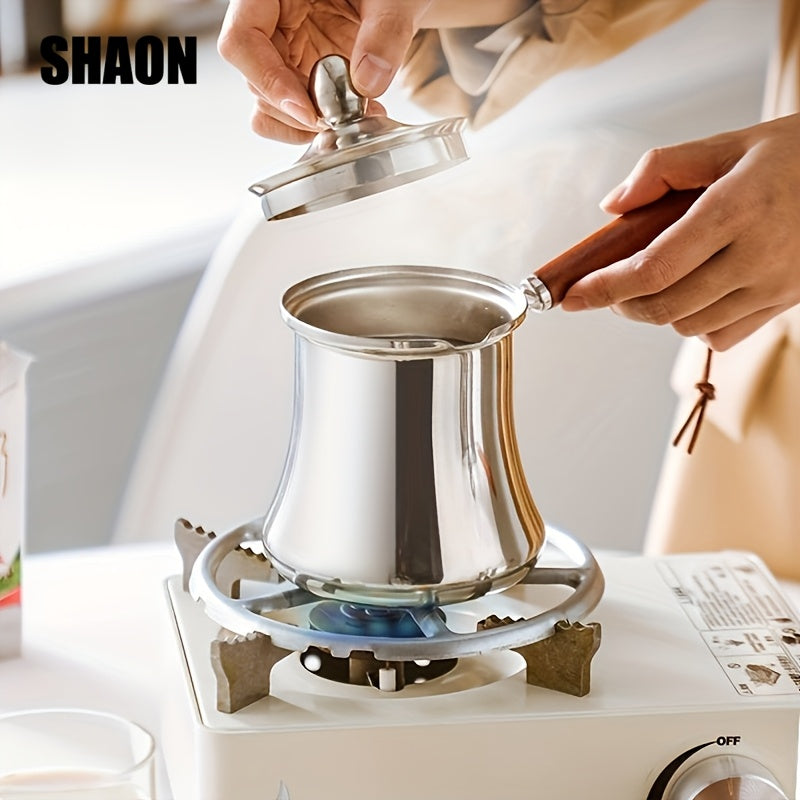 SHAON Stainless Steel Cooking Pot with Spill-Proof Wooden Handle and Lid