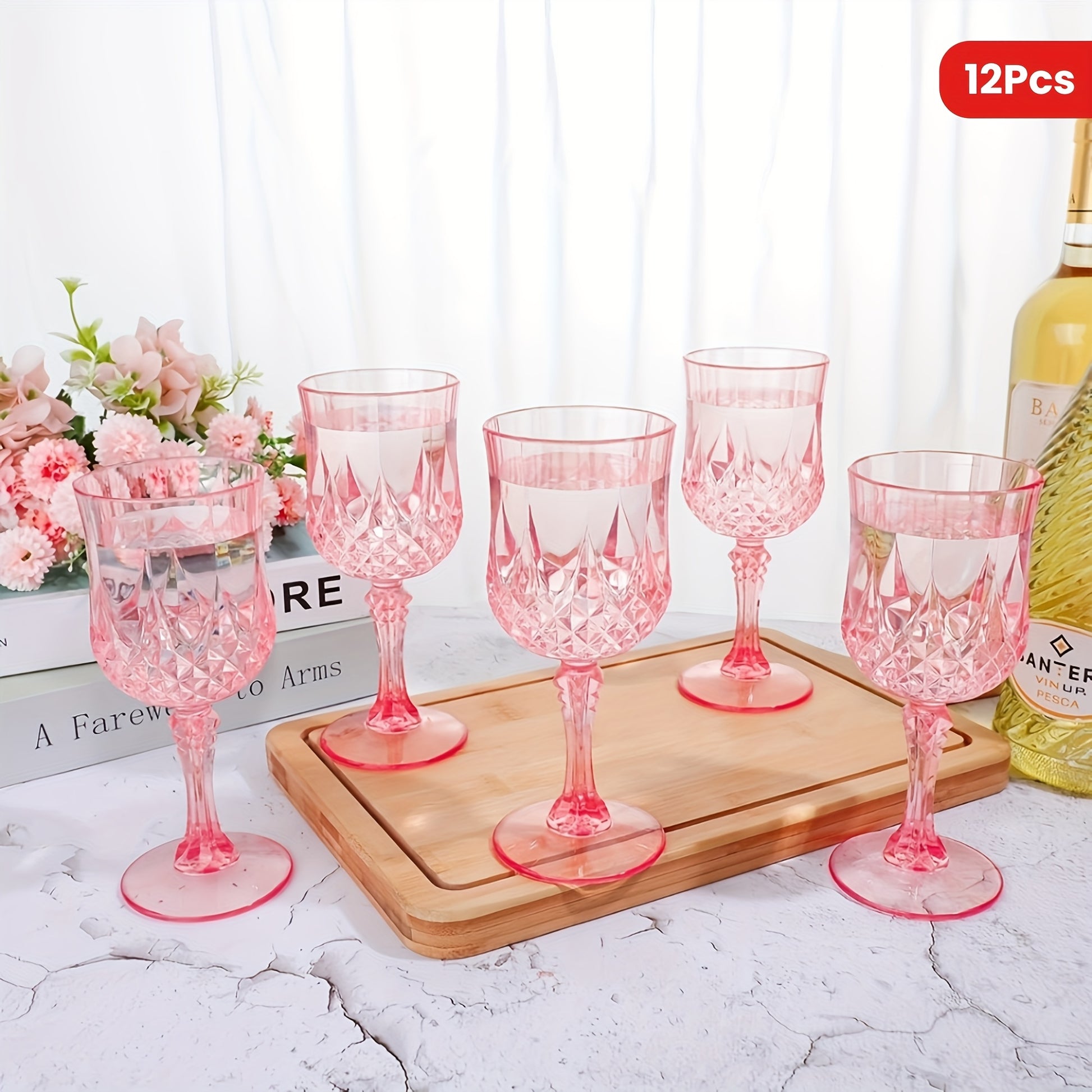 SHAON 12PCS Champagne Glass Set - Elegant Pink Embossed Sculpture Glass