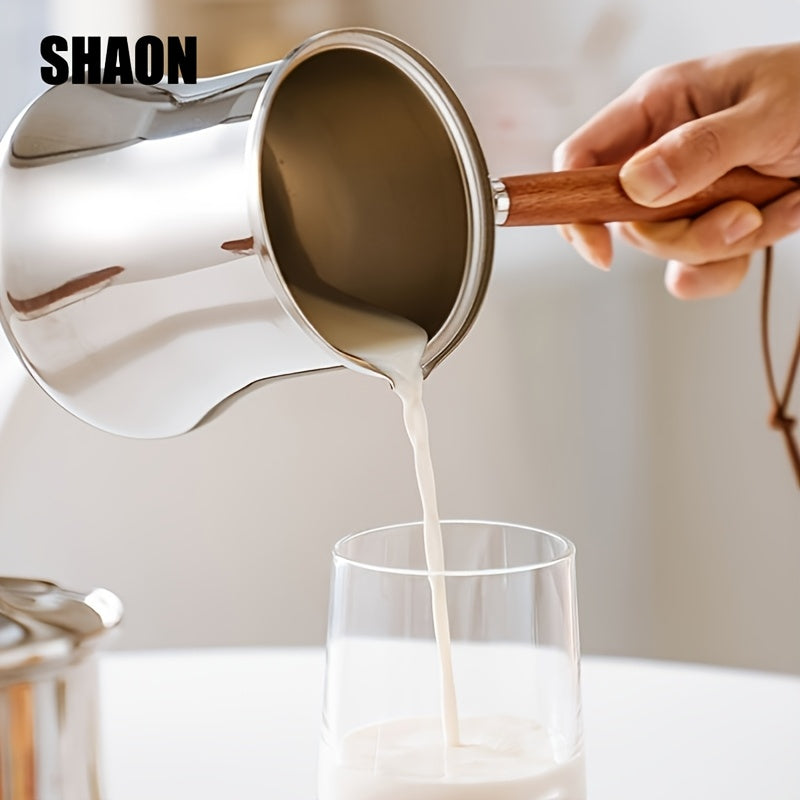SHAON Stainless Steel Cooking Pot with Spill-Proof Wooden Handle and Lid